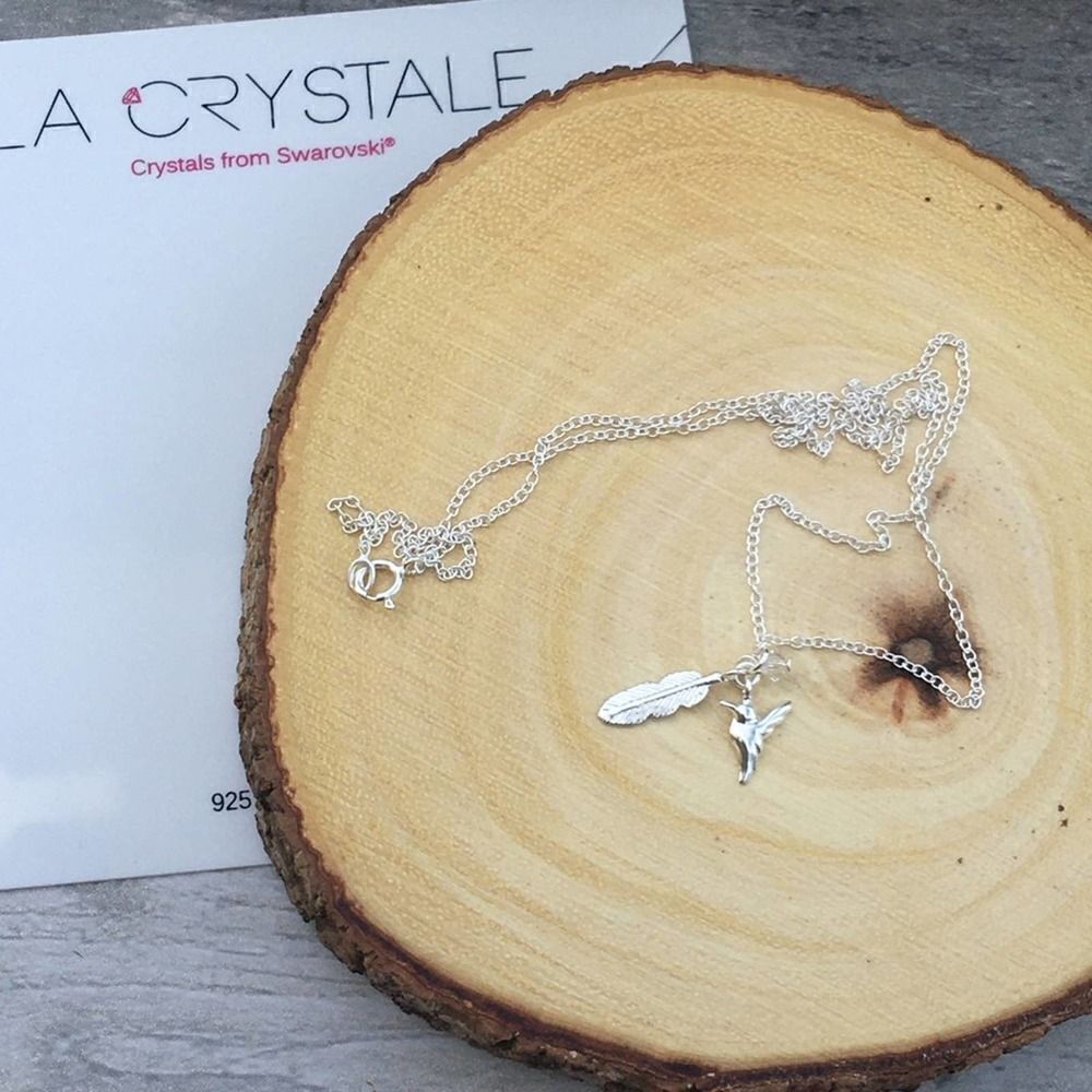 Girls Swarovski Feather & Bird Sterling Silver Charm Necklace
